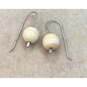 Handmade Cream Swirl Glass Bead Dangle Earrings With Silver Hook For Women